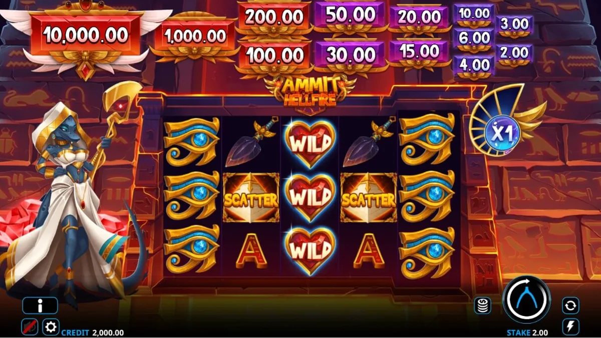 Tampilan visual slot Ammit Hellfire dengan tema dewi Mesir dan grafis berwarna cerah.