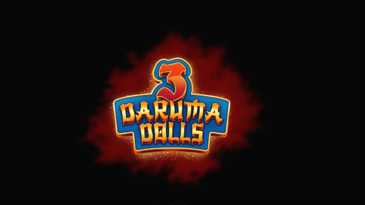 Tiga boneka Daruma berwarna merah, biru, dan emas di atas latar belakang kuil Jepang yang mistis dalam permainan slot 3 Daruma Dolls.